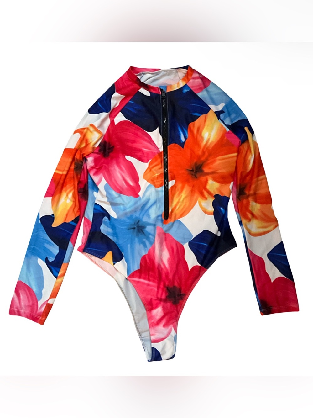 Floral Long Sleeve Zip Front One Piece Swimsuit XL Multicolor
